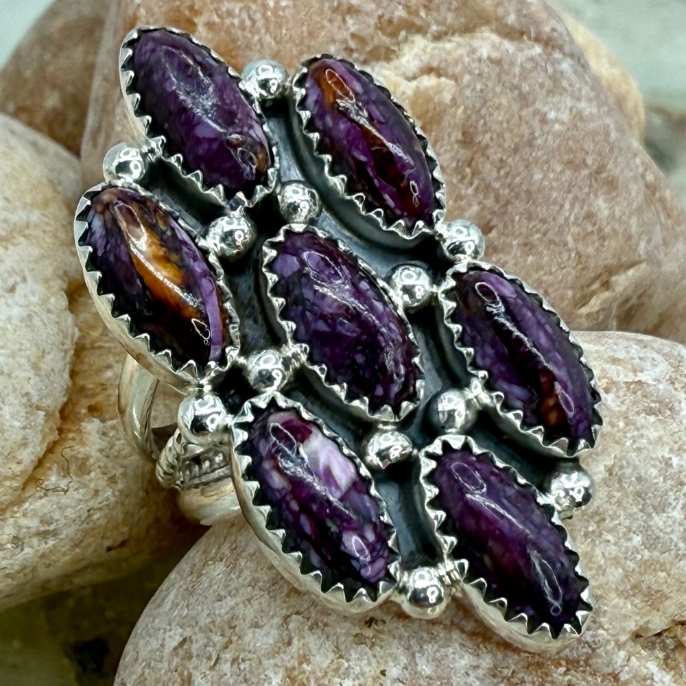 Native American Sterling Silver Purple Spiny Oyster 7-Stone Ring Roberta Begay - Picture 9 of 17